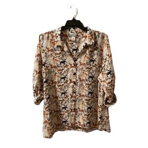 Multiples Button Tunic Top Crinkle Multicolor Dog Print Sz 2X Roll Tab Sleeve